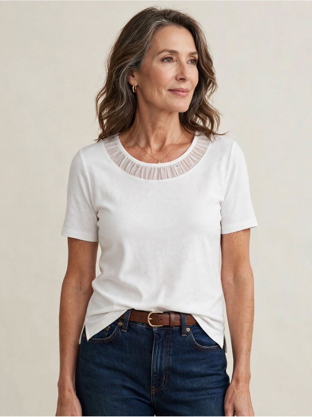 Isaac Mizrahi White Short-Sleeve Tee with Sheer Ruffle Neckline